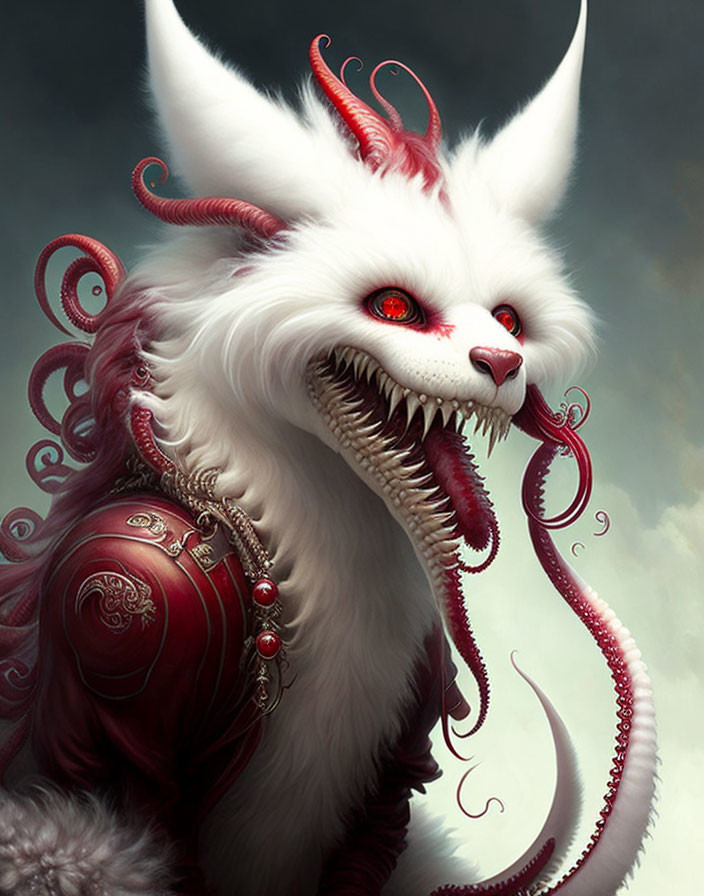 Fantastical white creature with red eyes and tentacles.