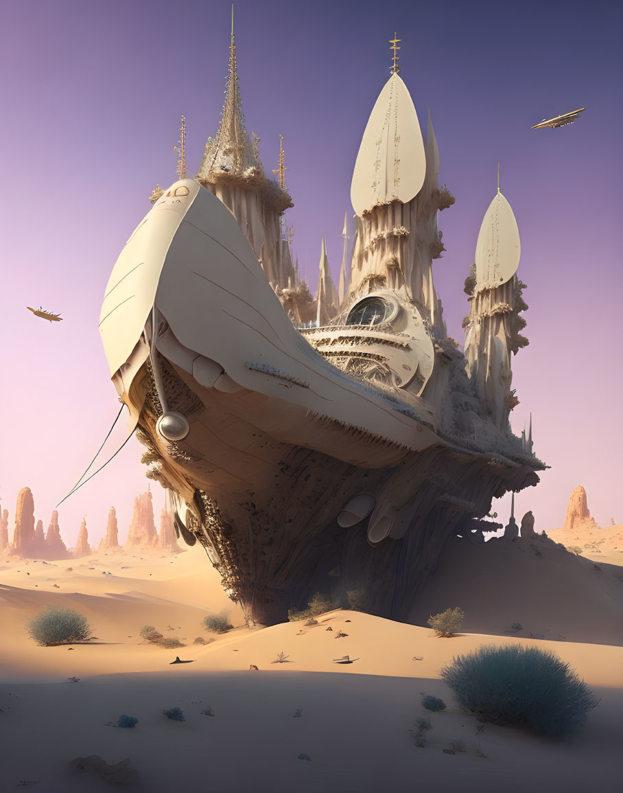 Desert landscape with floating ship-like structure and spires