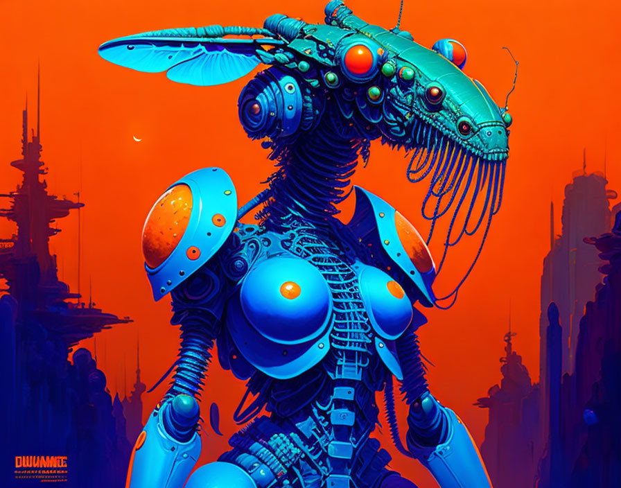 Futuristic blue robotic insectoid against orange cityscape