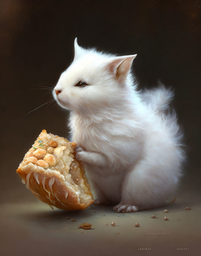 Fluffy white kitten eating peanut-topped pie with crumbs around it