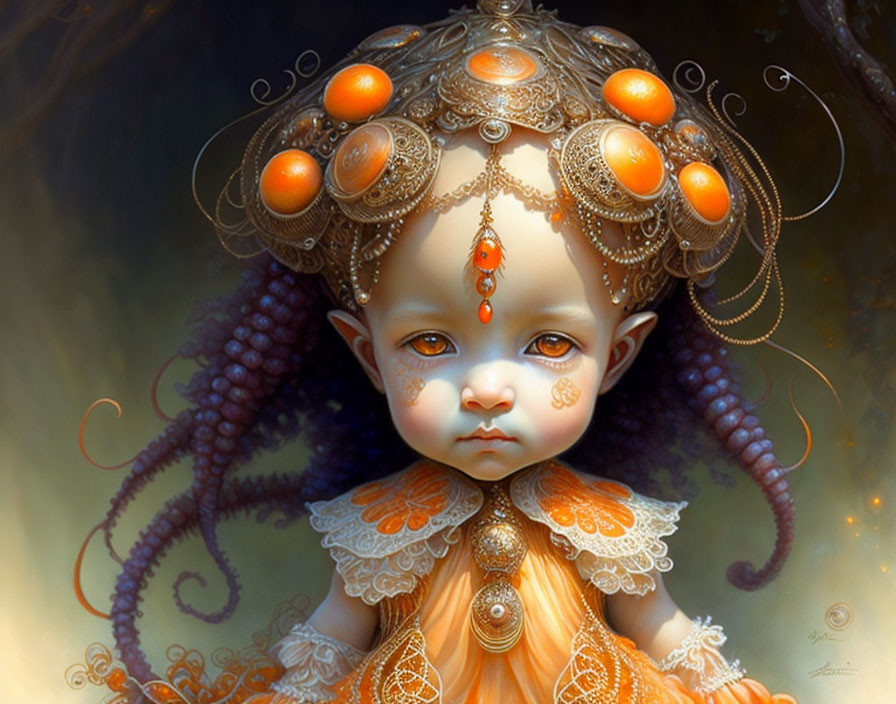 Child with Octopus-like Tentacle Hair, Orange Pearls, Gold & Orange Outfit on Soft