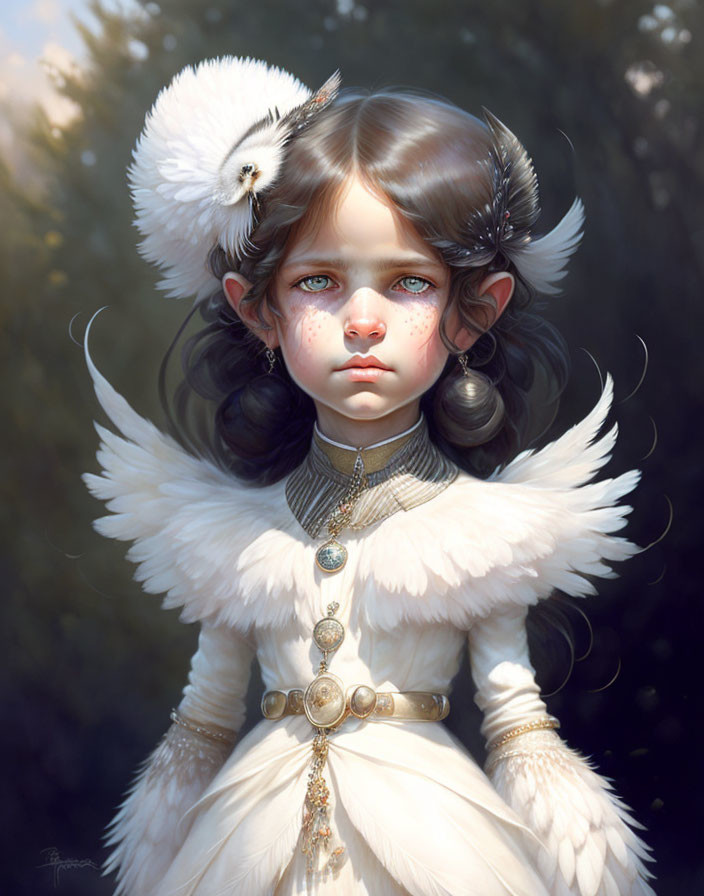 Fantasy illustration of young girl in white feathered outfit with owl.