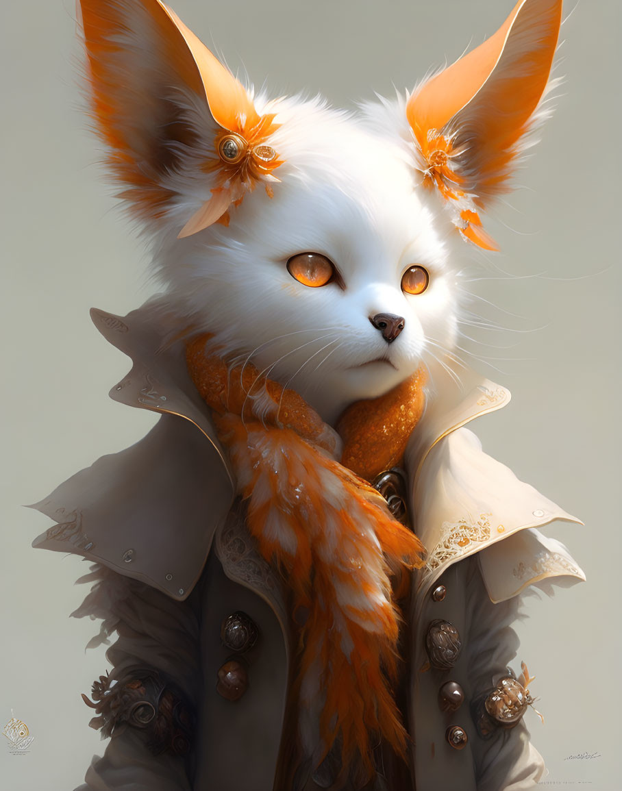 White anthropomorphic cat with orange ears and ornate attire