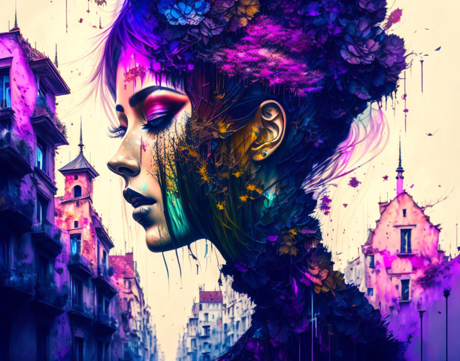 Woman with vibrant purple hues and floral elements overlooking surreal cityscape