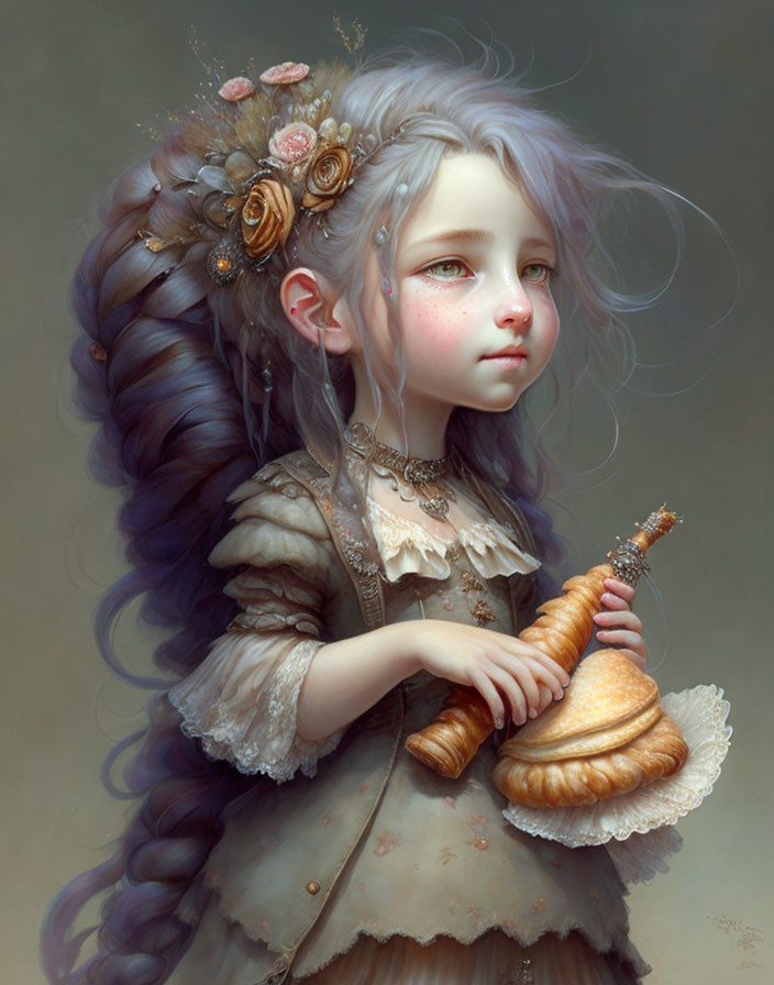 Young girl with intricate hairstyle holding golden shell horn