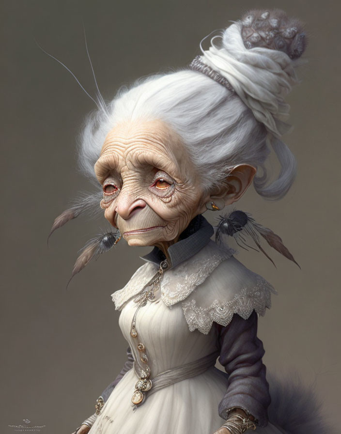 Elderly fantasy character with large expressive eyes and intricate feather details