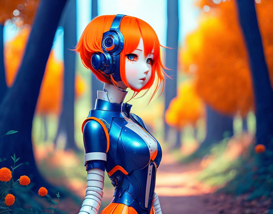 Stylized female robot with orange hair and futuristic headphones in autumnal forest