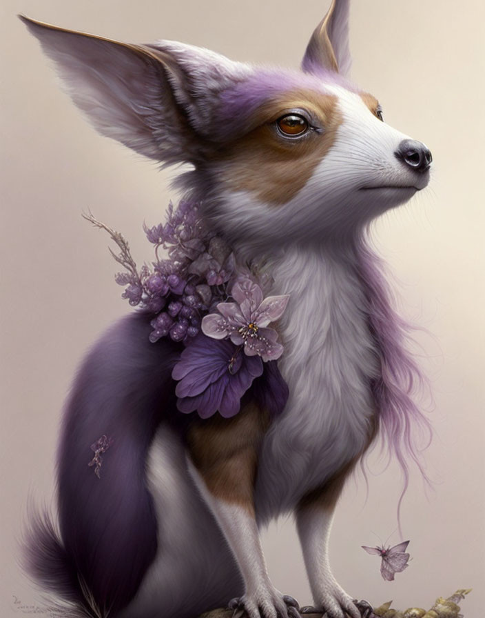 Purple Fox Illustration with Lavender Flowers and Butterfly