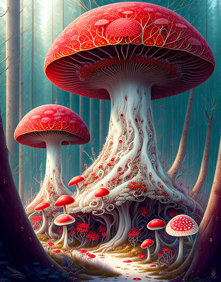 Detailed Fantasy Illustration: Oversized Red Mushrooms with White Patterns in Mystical Blue Forest