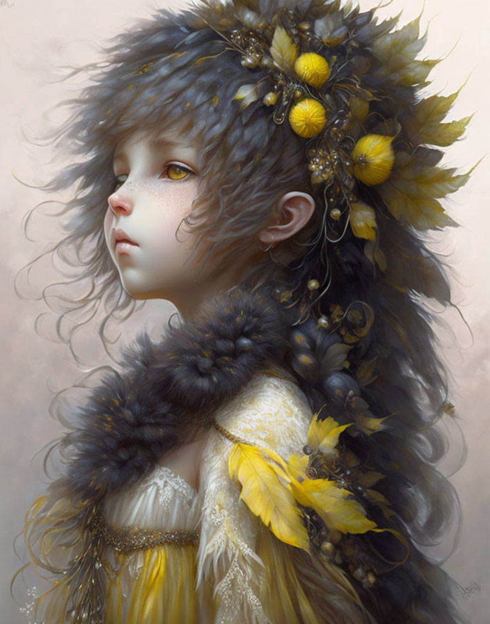 Fantasy illustration of girl with wolf-like ears and floral adornments wearing fur cloak