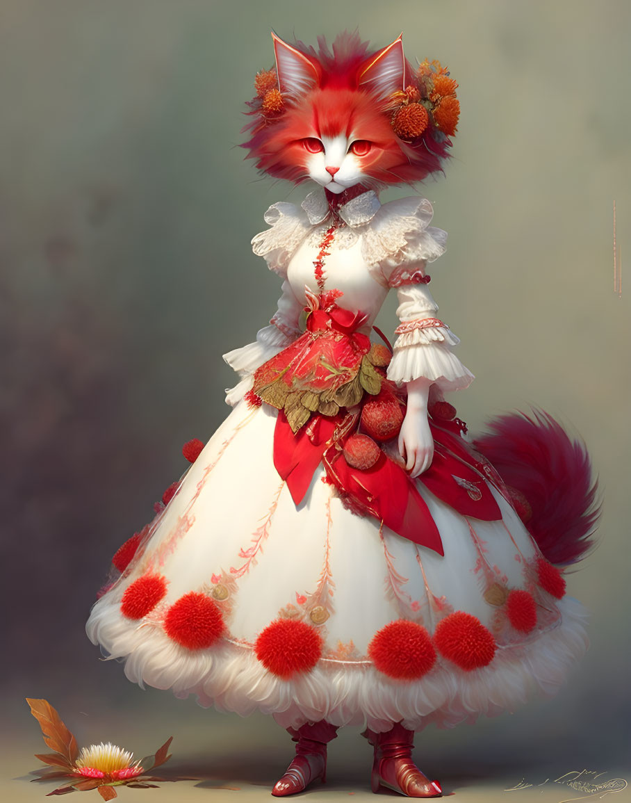 Anthropomorphic white and red fox in historical gown