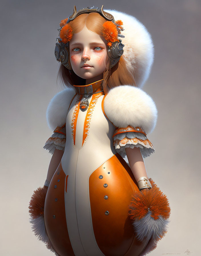 Futuristic digital artwork of a girl in orange and white attire