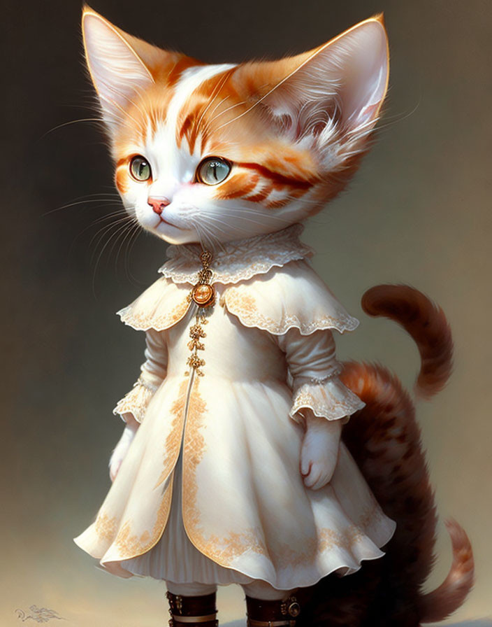 Orange and White Kitten in Vintage Ivory Dress with Lace Collar and Golden Pendant