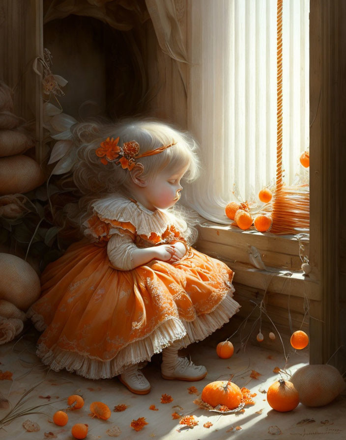 Young girl in orange dress by window with pumpkins, oranges, and autumn leaves.