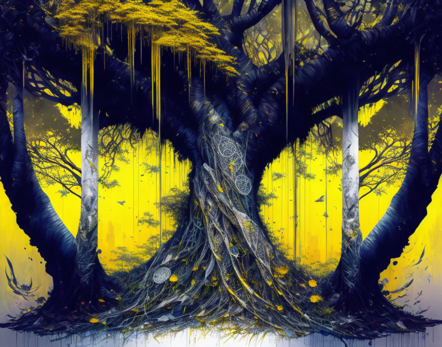 Mystical forest with vibrant yellow hues and dark trees with twisted roots