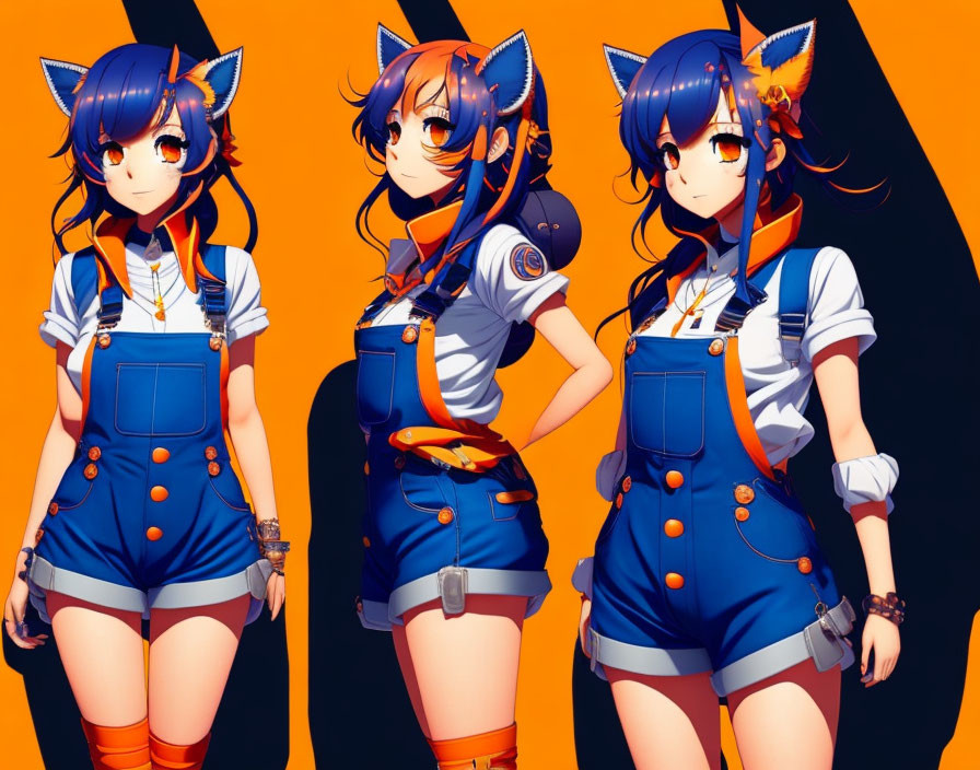 Animated character in blue and white outfit with fox features on orange background