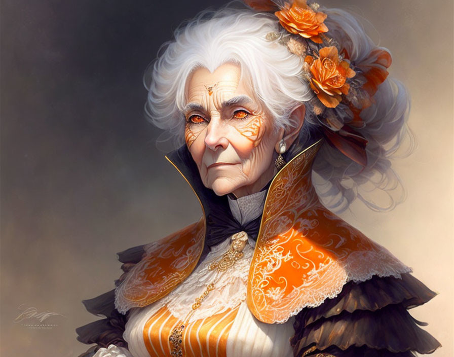 Elderly woman in regal orange gown with white hair