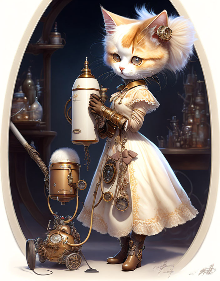 Steampunk-themed anthropomorphic cat with spray bottle and mechanical contraption.