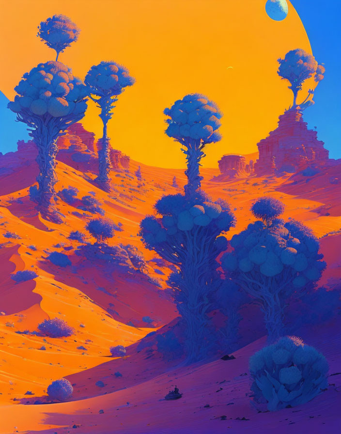 Colorful alien landscape with blue trees, orange dunes, and yellow sky.