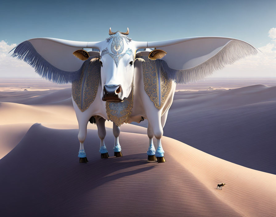 Ornately decorated giant cow with wings in desert landscape