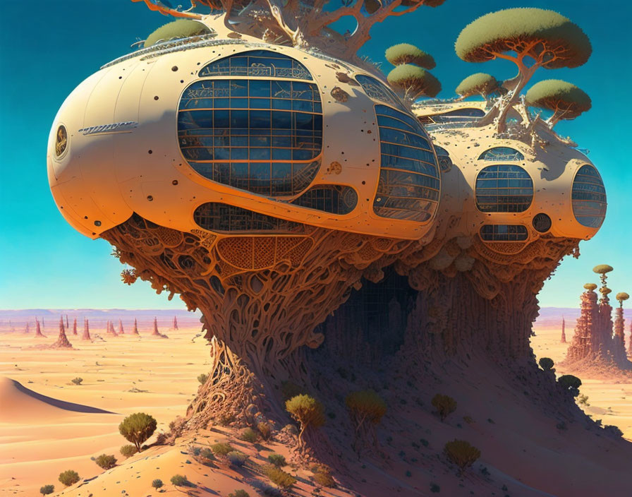 Futuristic tree-like structure with pod-shaped extensions in desert landscape