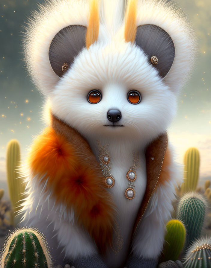 Fluffy creature with large ears and orange accents in cactus scene