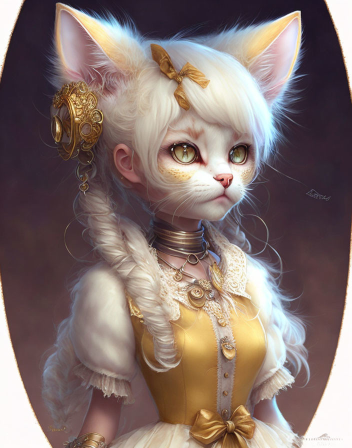 White Fur Anthropomorphic Cat Character in Yellow Dress & Gold Accessories