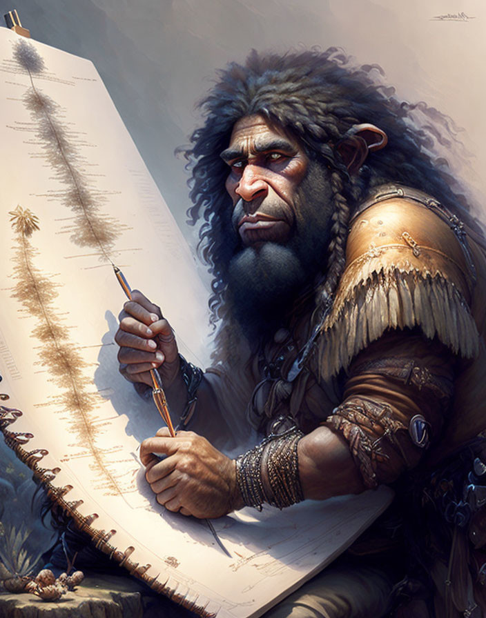 Neanderthal-like creature in primitive clothing writing on scroll