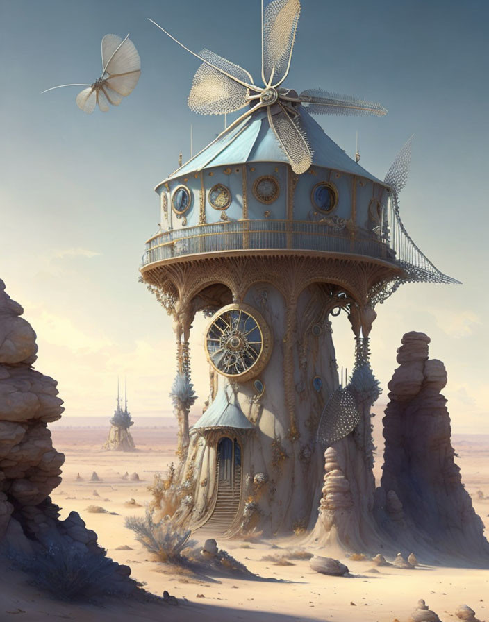 Ornate clocktower in desert with butterfly and rock formations