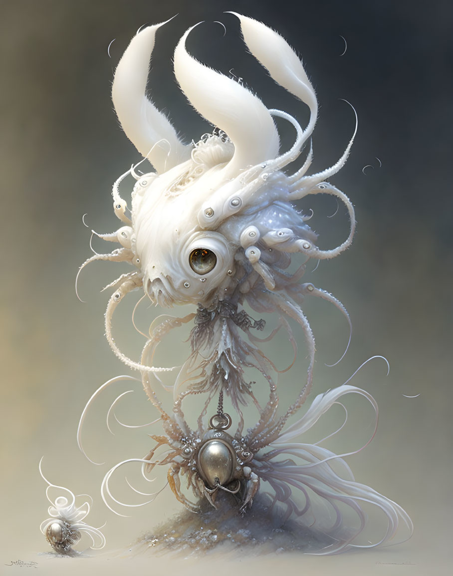 Fantastical creature with white tentacles and multiple eyes in elegant silver jewelry