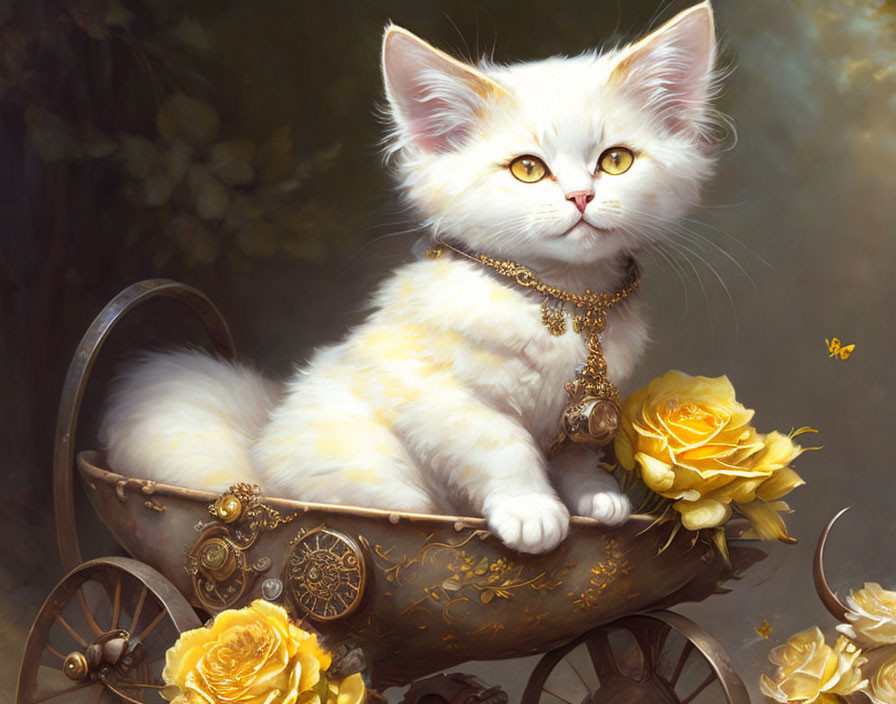 Fluffy white kitten in golden carriage with yellow roses