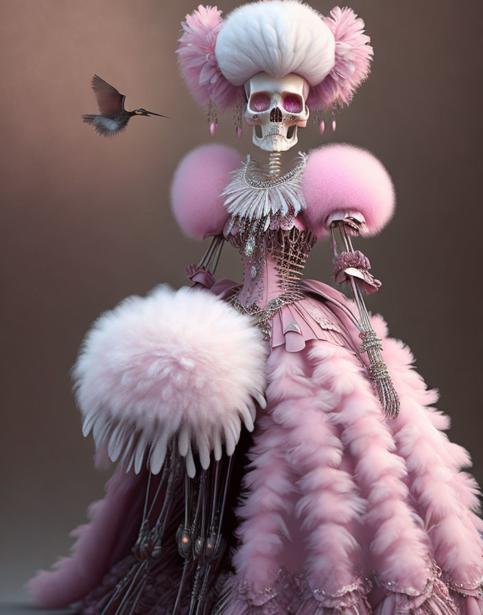 Skeletal figure in pink Victorian dress with hummingbird