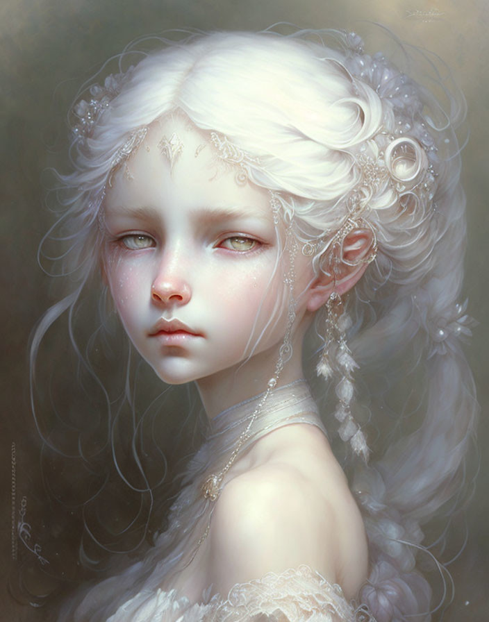 Fantastical female figure with pale skin and elaborate white hair