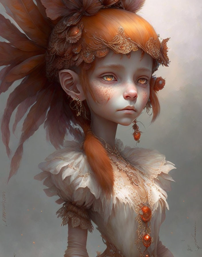 Detailed illustration of girl with expressive eyes, orange hair, golden headpiece.