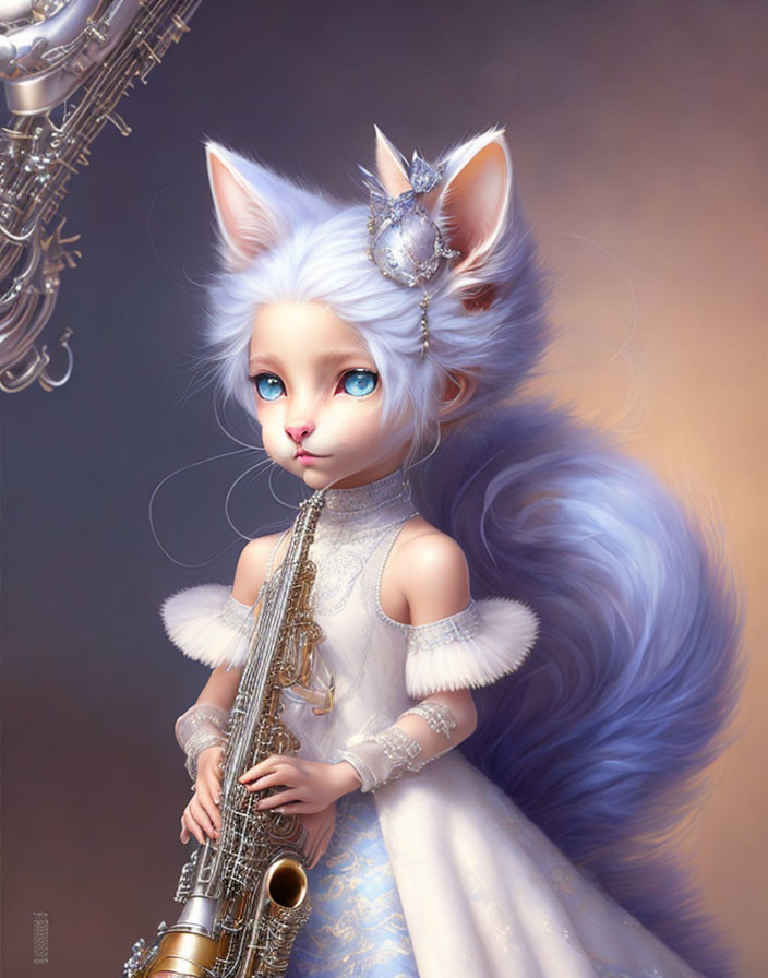 White anthropomorphic feline in elegant attire with saxophone