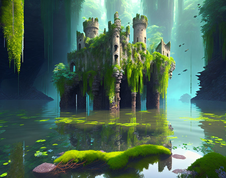 Overgrown castle ruins in mystical forest with water surrounds