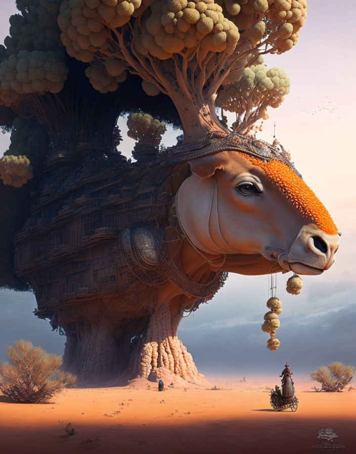 Surreal image: giant tree on cow's head, detailed architecture, desert setting, small carriage