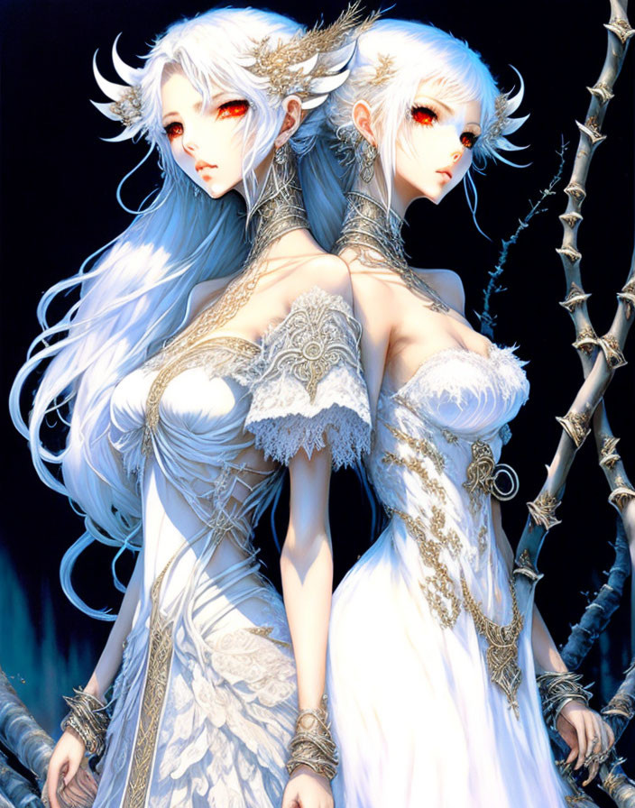 Ethereal women with pale skin, white hair, red eyes, and fantasy attire in thorny