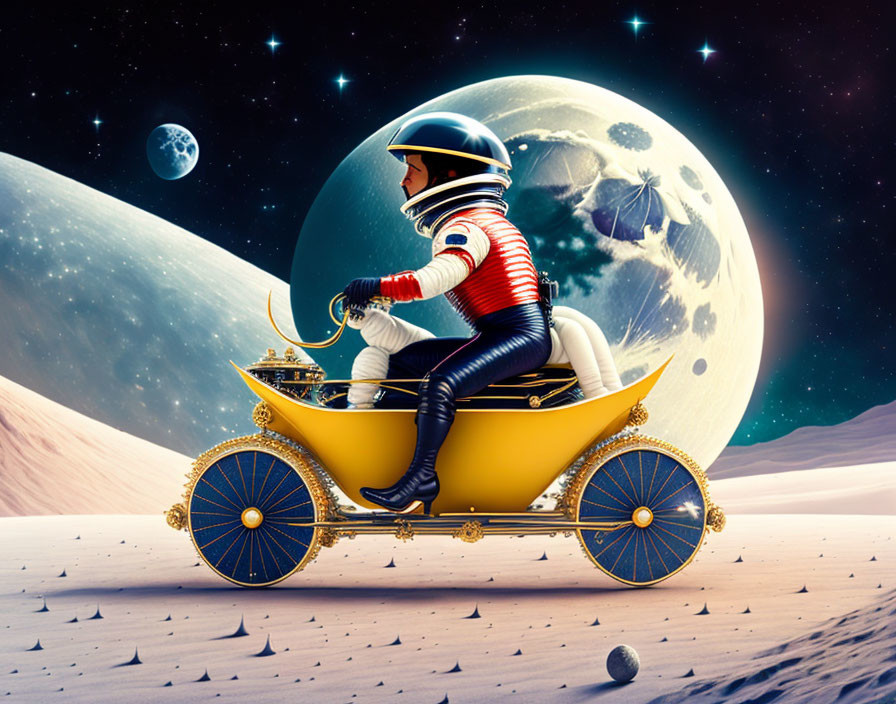 Vintage Spacesuit Astronaut Drives Carriage on Lunar Surface