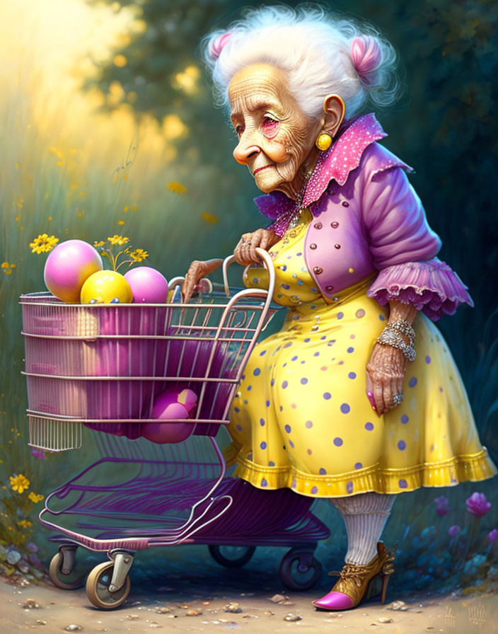 Elderly cartoon character with oversized eggs in a pink shopping cart