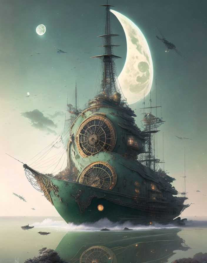 Intricate clockwork ship under oversized moons