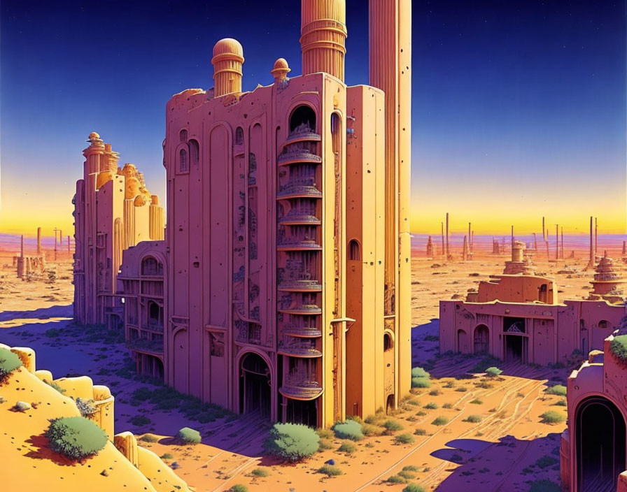 Fantastical desert city illustration at sunset with sandstone structures under purple and orange sky