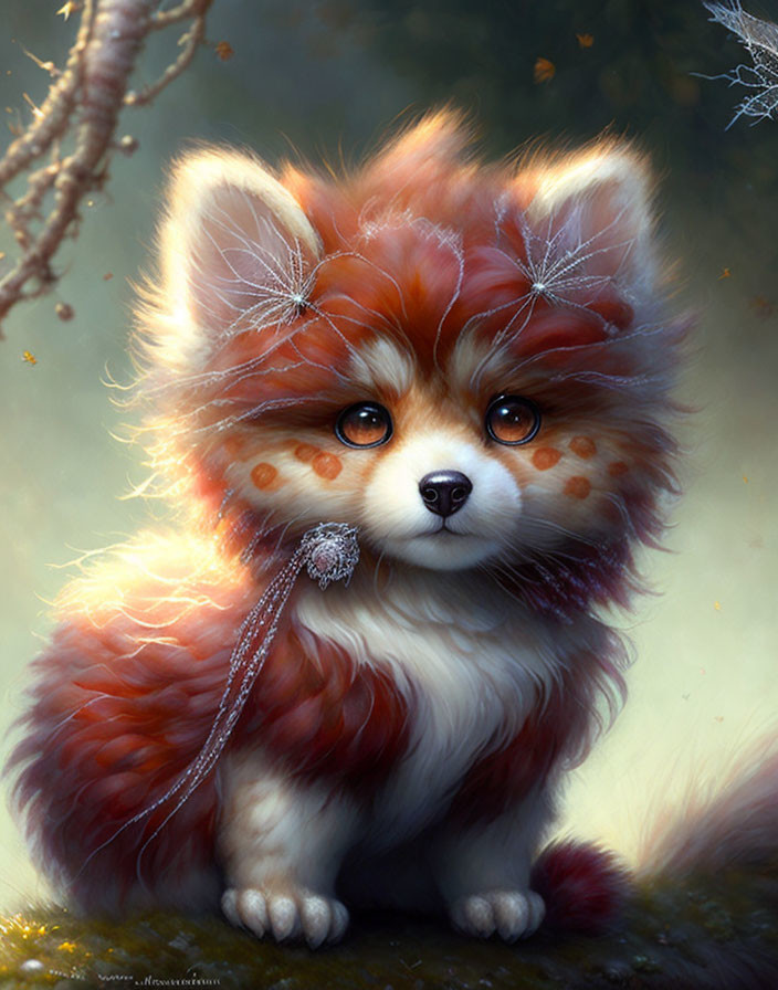 Fluffy red and white fantasy creature with oversized ears and sparkling whiskers