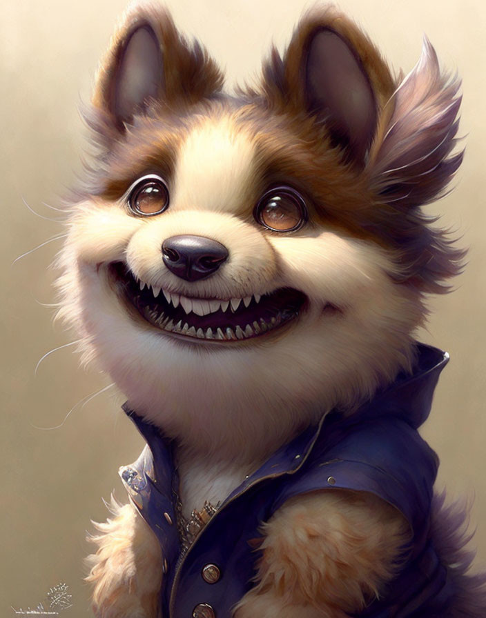 Cheerful anthropomorphic corgi in blue jacket with expressive eyes.