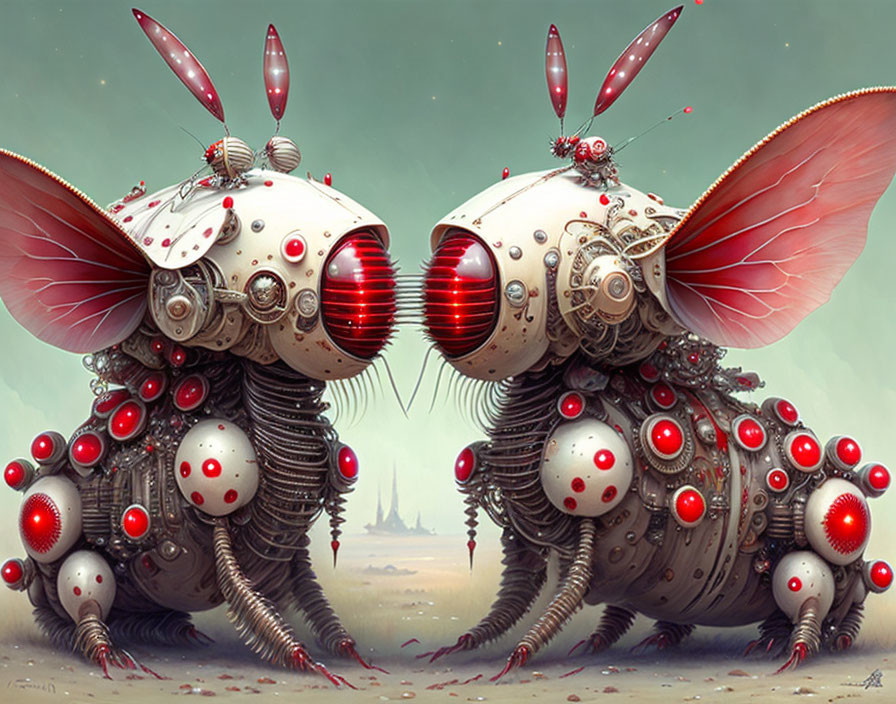 Stylized robotic insects with red eyes and mechanical legs in a sci-fi scene