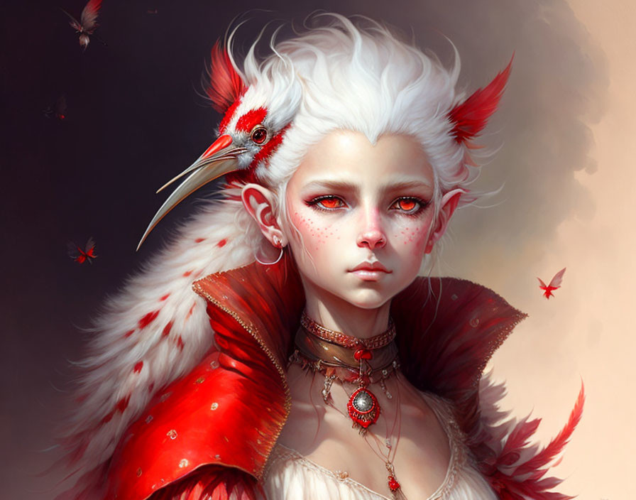 Fantasy illustration: White-haired figure with red avian features and butterflies.