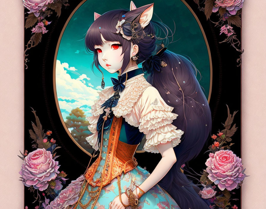 Cat-eared anime girl in ornate floral dress by oval window