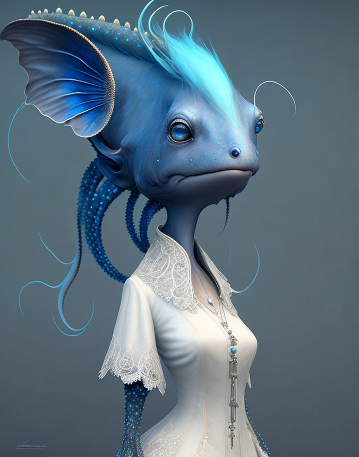 Blue fish-like creature with vibrant blue hair in white lace garment