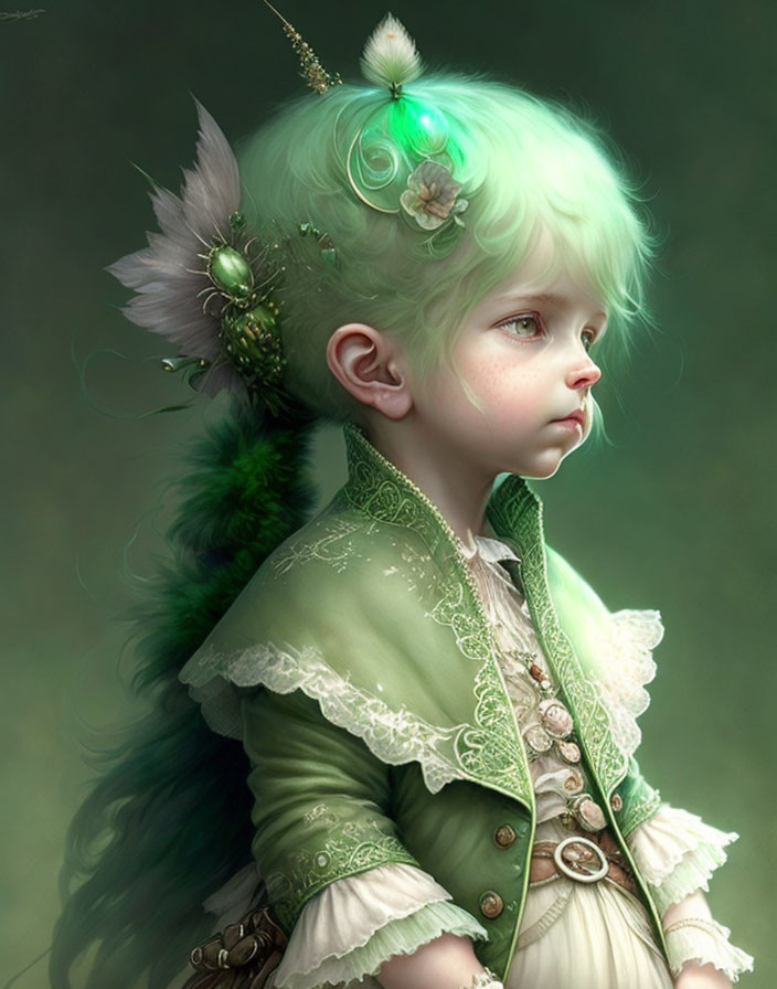 Illustration of child with mint green hair in green period jacket