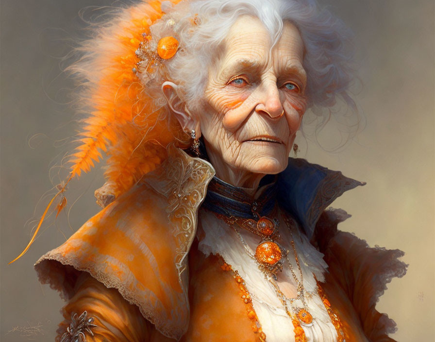 Elegant elderly woman in white hair and vibrant orange attire